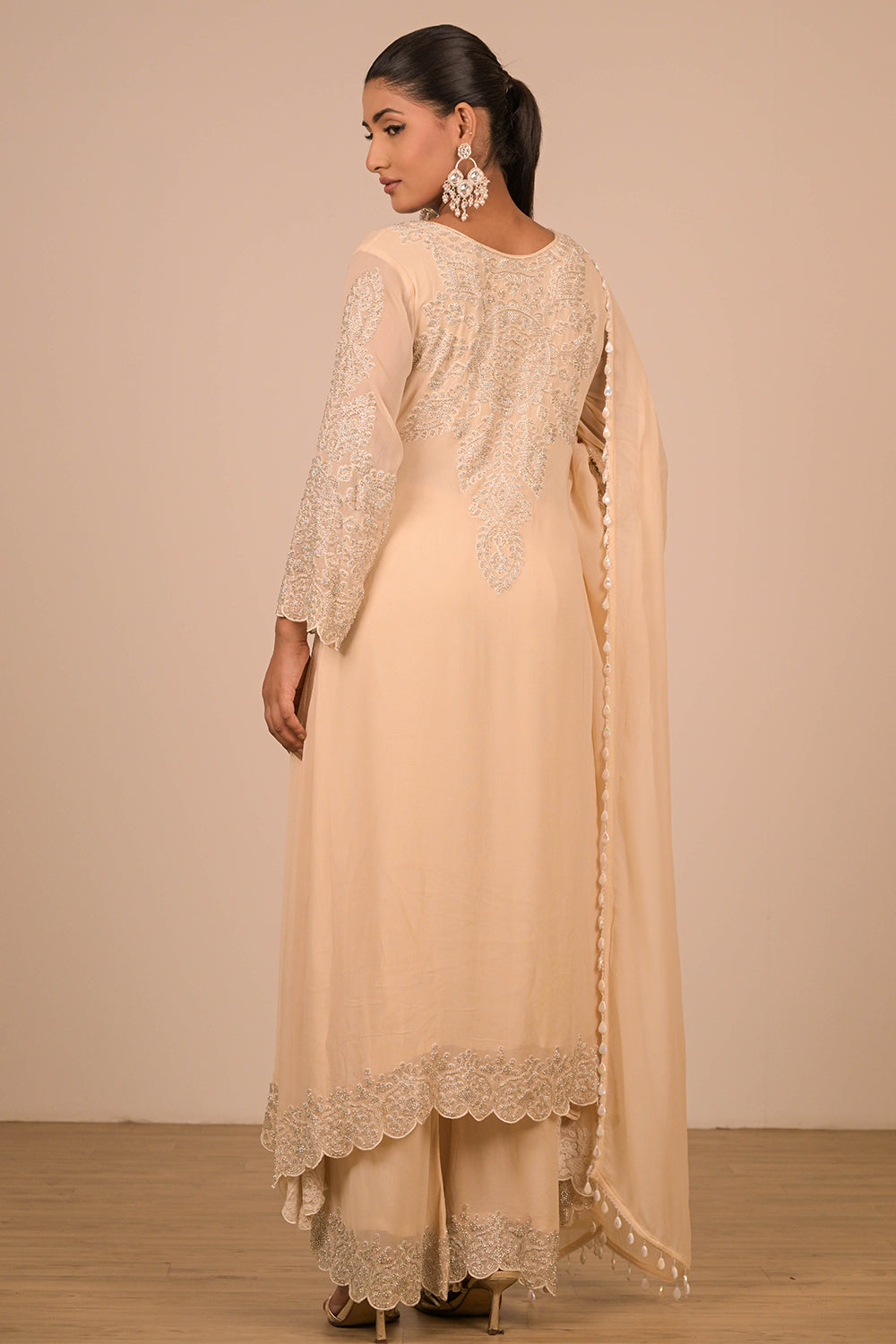 Ivory Pearl Embroidered Georgette Suit Set with Scalloped Detailing & Tassel Dupatta