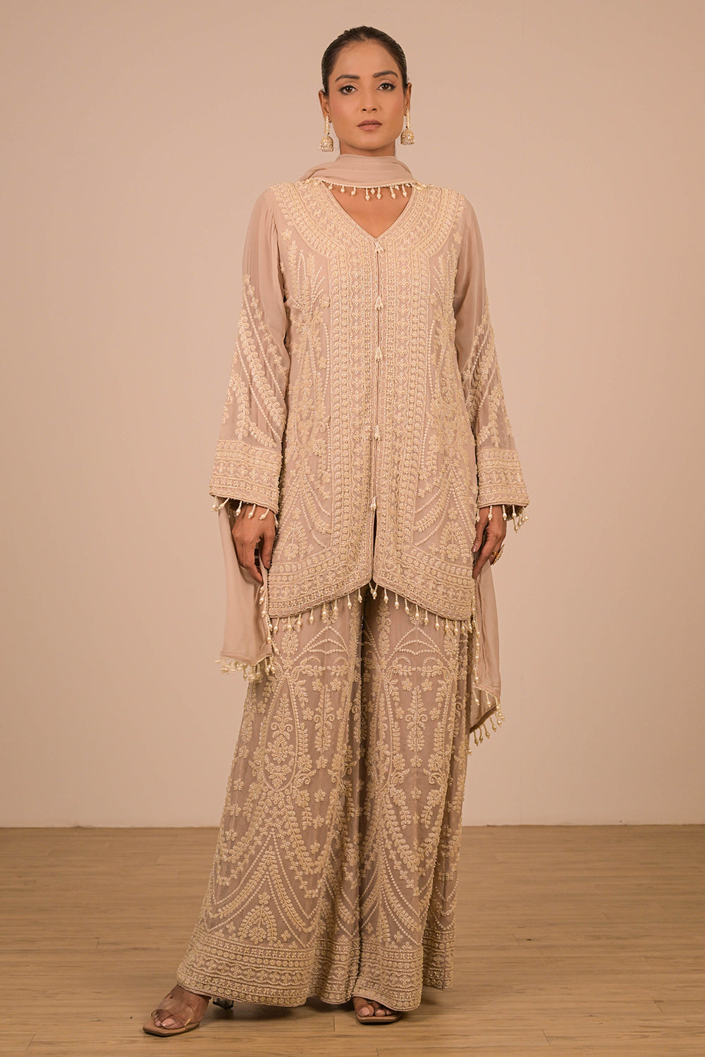 Lavender Georgette Sharara Set with Intricate Moti Embroidery