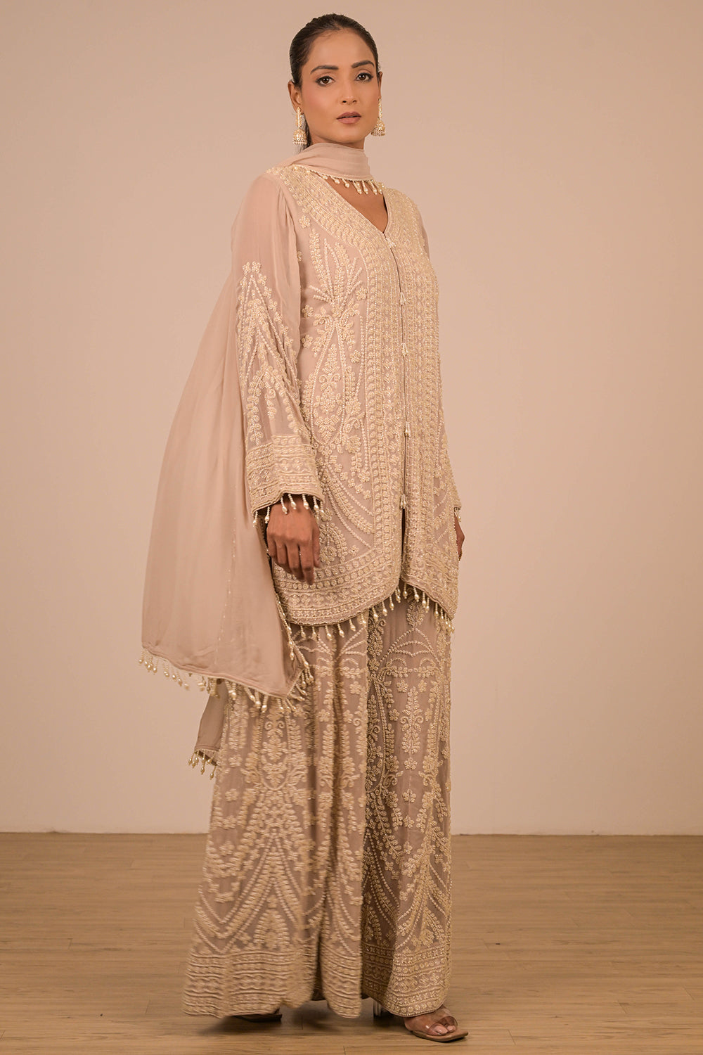 Lavender Georgette Sharara Set with Intricate Moti Embroidery