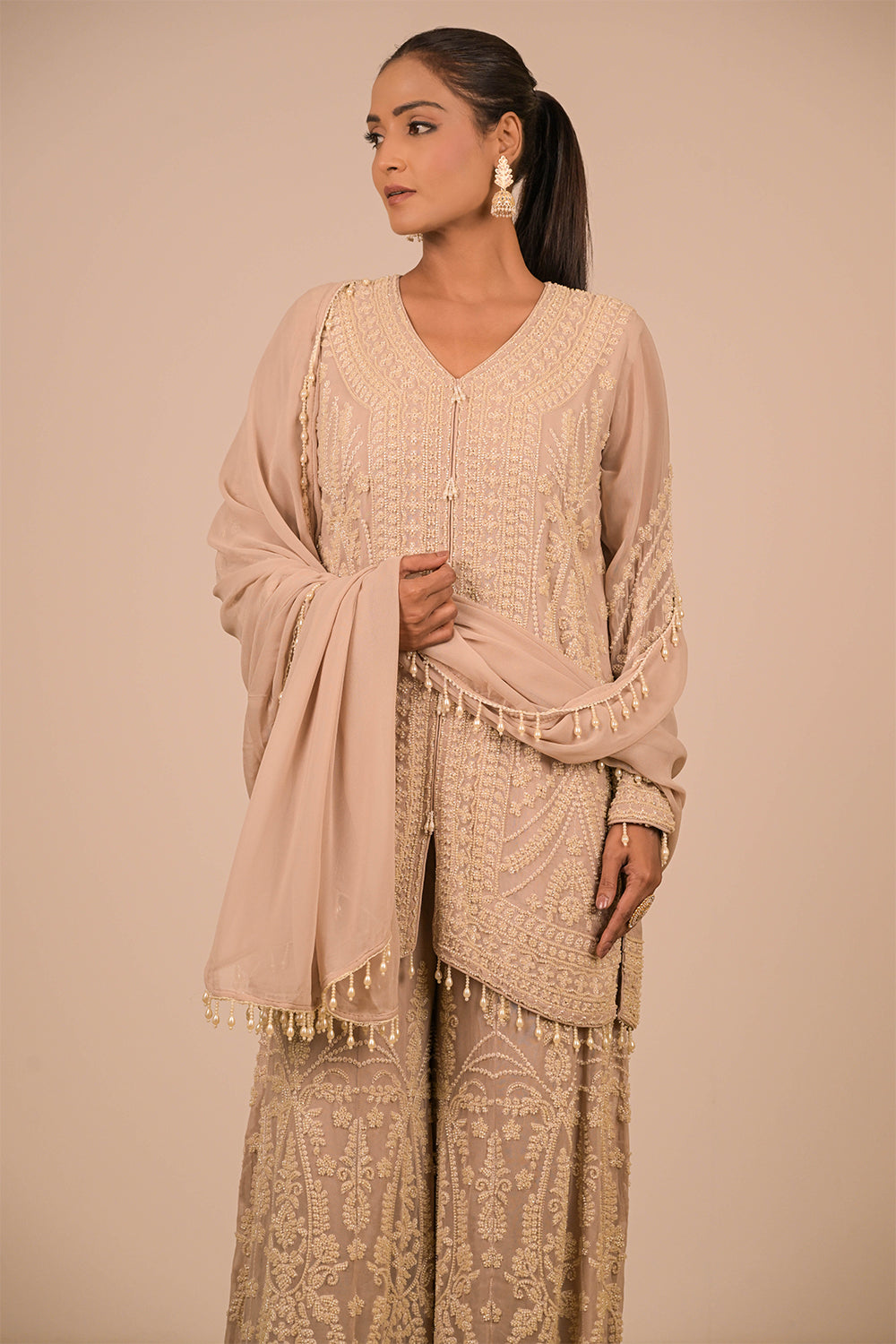 Lavender Georgette Sharara Set with Intricate Moti Embroidery