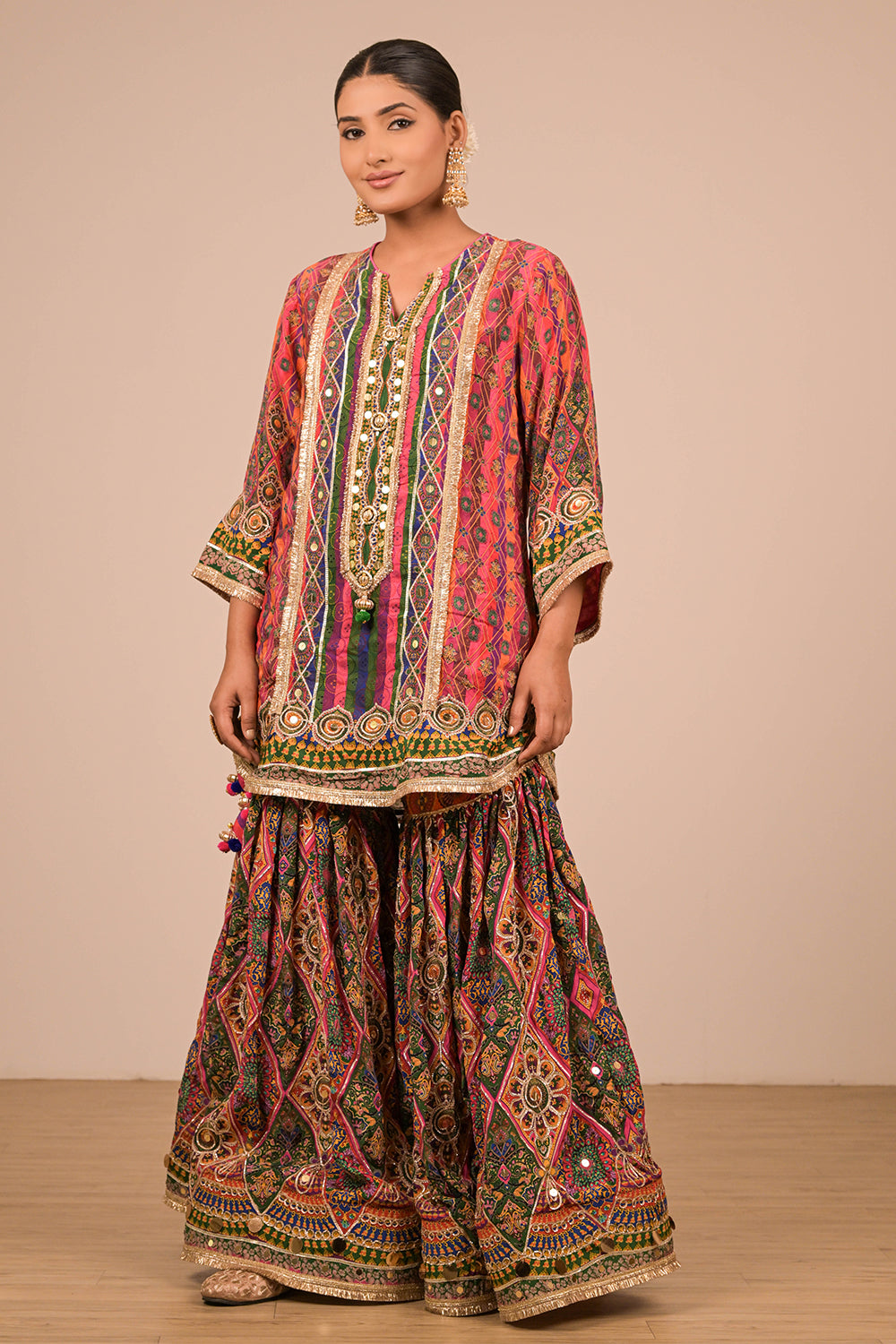 Magenta Crepe Sharara Set with Canvas Tote Bag with Vibrant Print Motifs