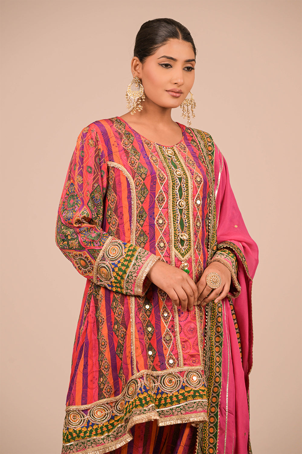 Magenta Crepe Suit Set with Farsi Salwar with Canvas Tote Bag