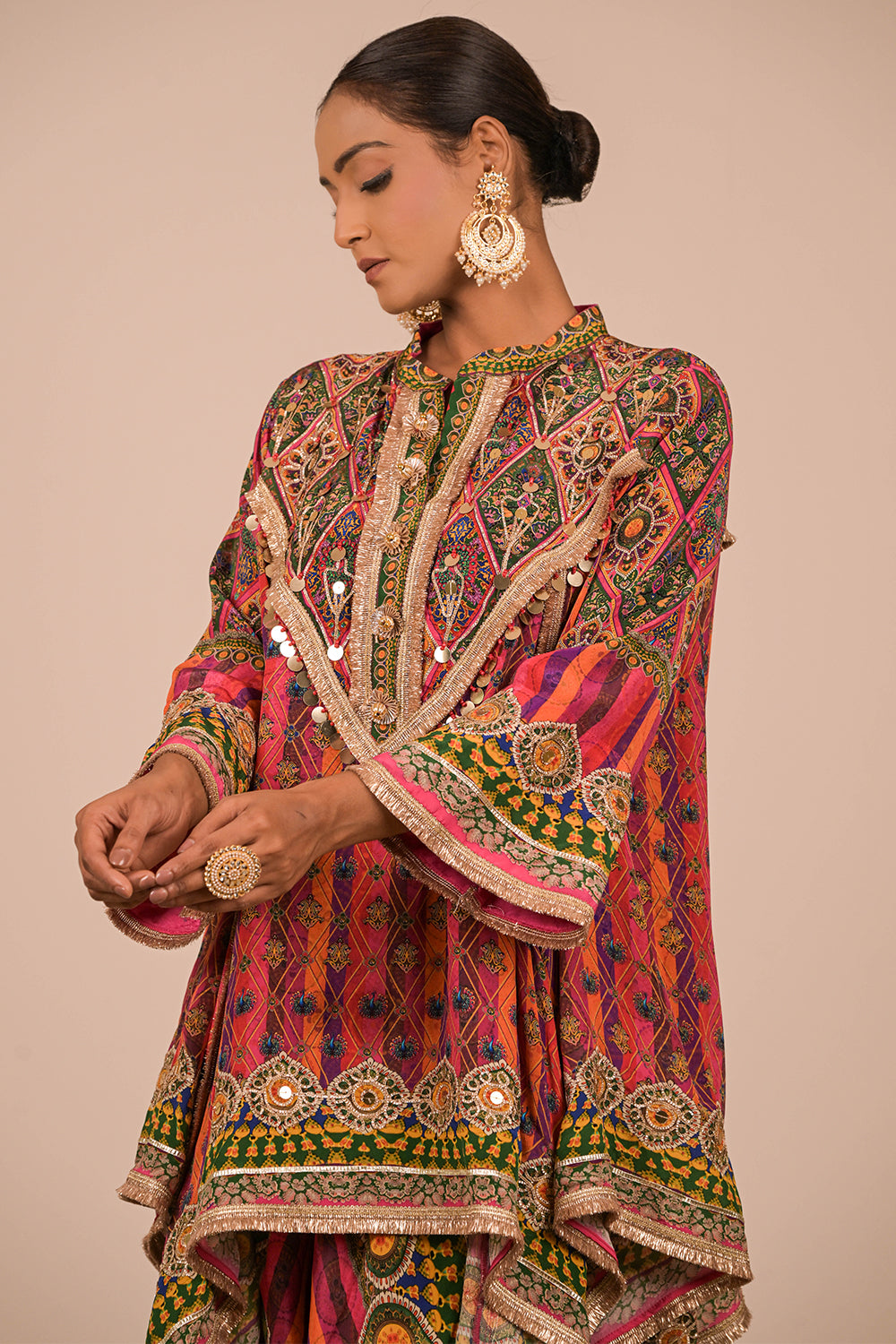 Magenta Crepe Suit with Tulip Pants and Festive Canvas Tote Bag