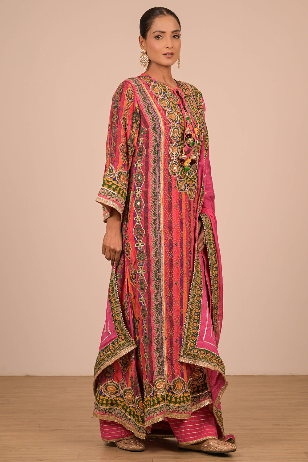 Magenta Embroidered Crepe A-Line Suit Set with Dupatta & Canvas Tote Bag