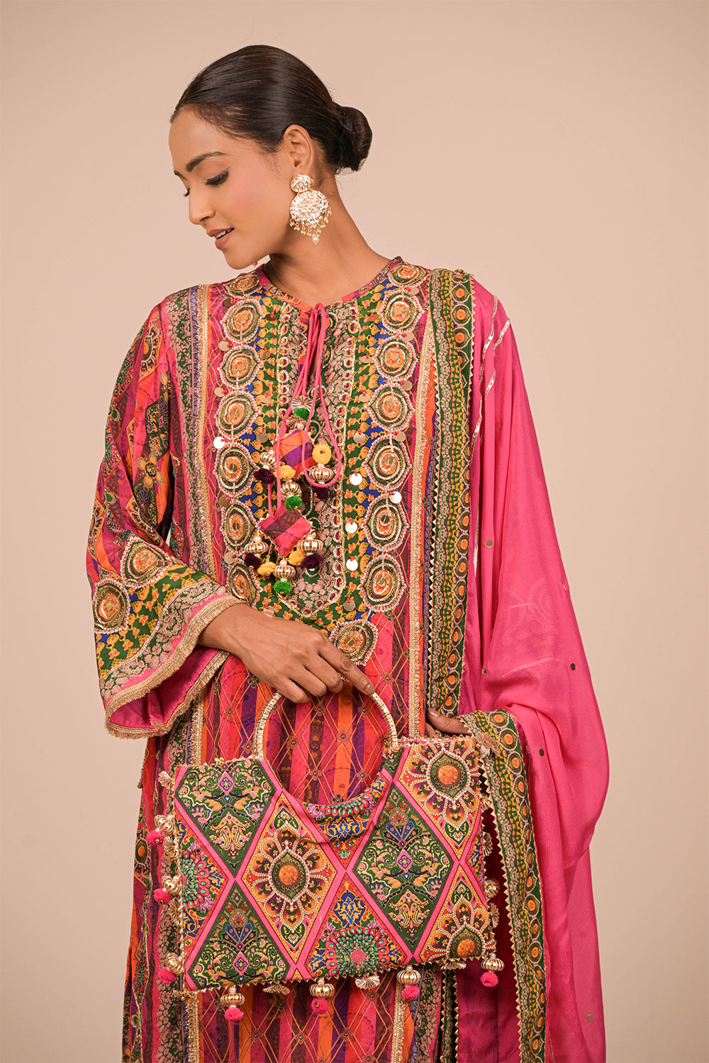 Magenta Embroidered Crepe A-Line Suit Set with Dupatta & Canvas Tote Bag