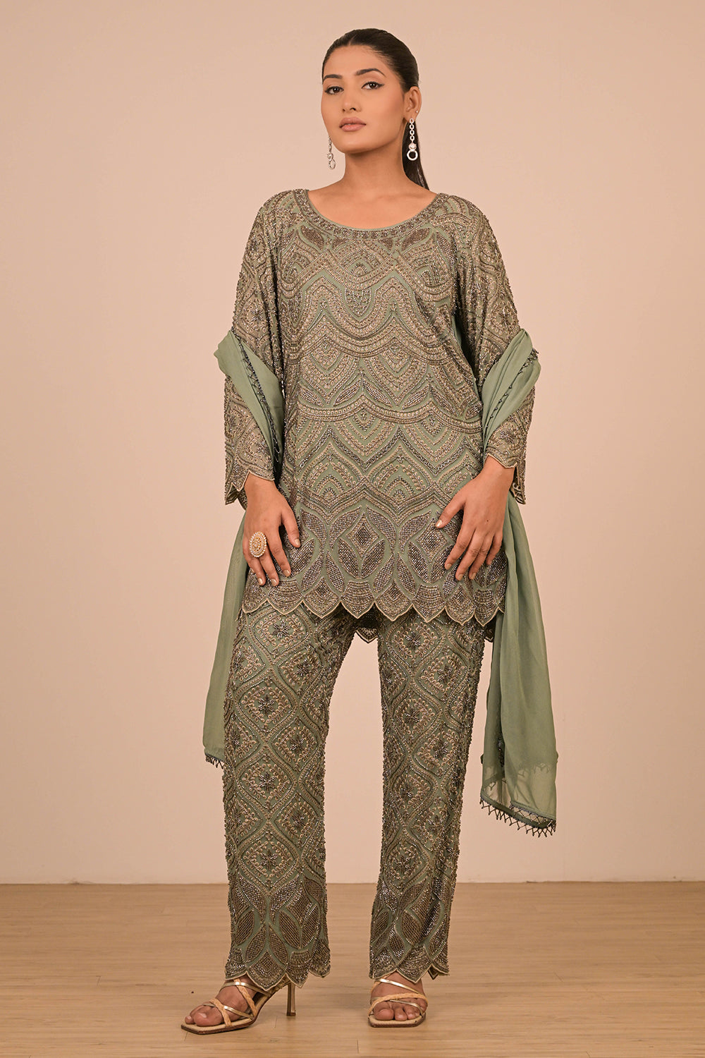 Mouse Grey Georgette Suit Set with Intricate Moti Embroidery