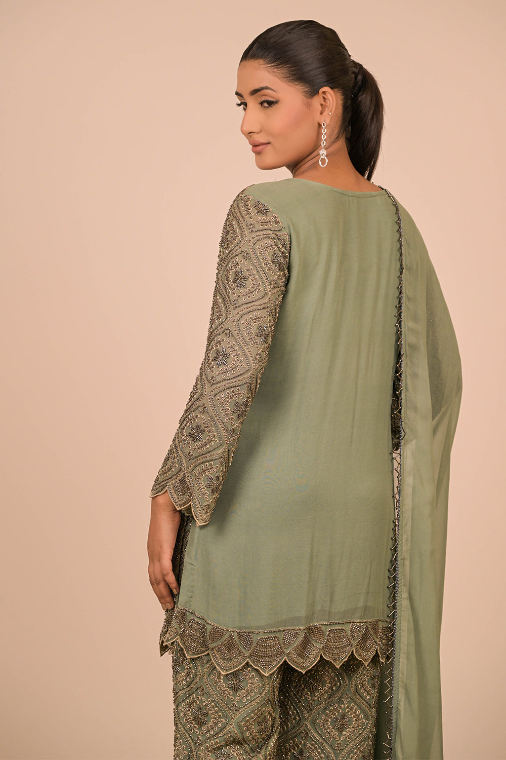 Mouse Grey Georgette Suit Set with Intricate Moti Embroidery