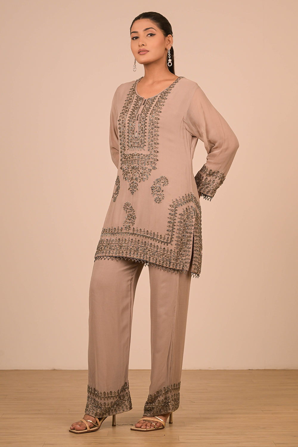 Mouse Grey Pearl Embroidered Georgette Kurta Set
