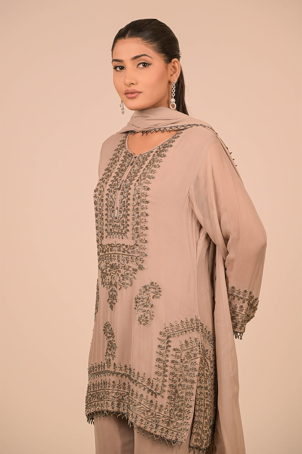 Mouse Grey Pearl Embroidered Georgette Kurta Set