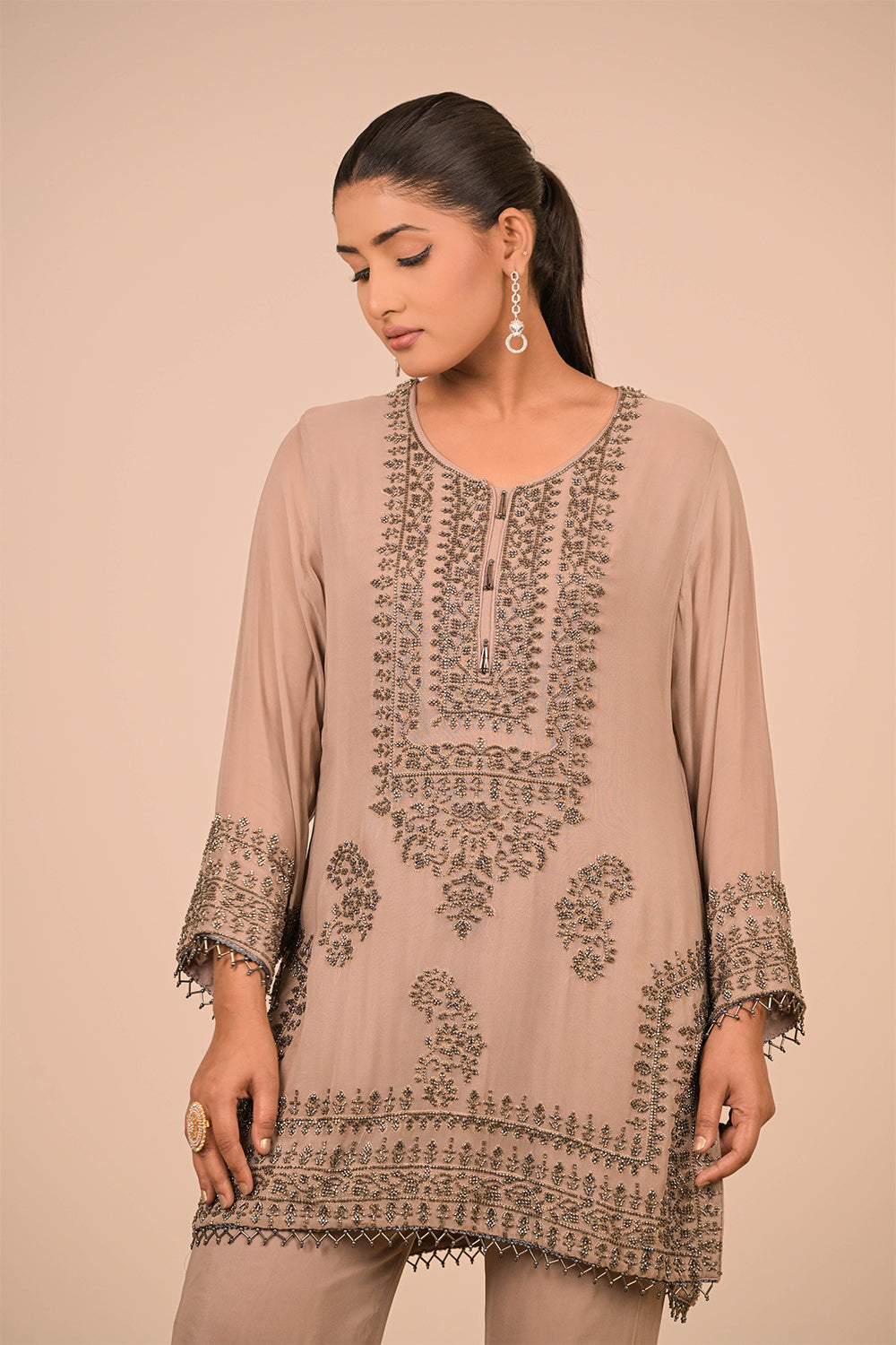 Mouse Grey Pearl Embroidered Georgette Kurta Set