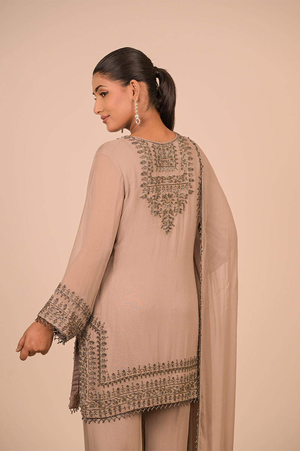 Mouse Grey Pearl Embroidered Georgette Kurta Set