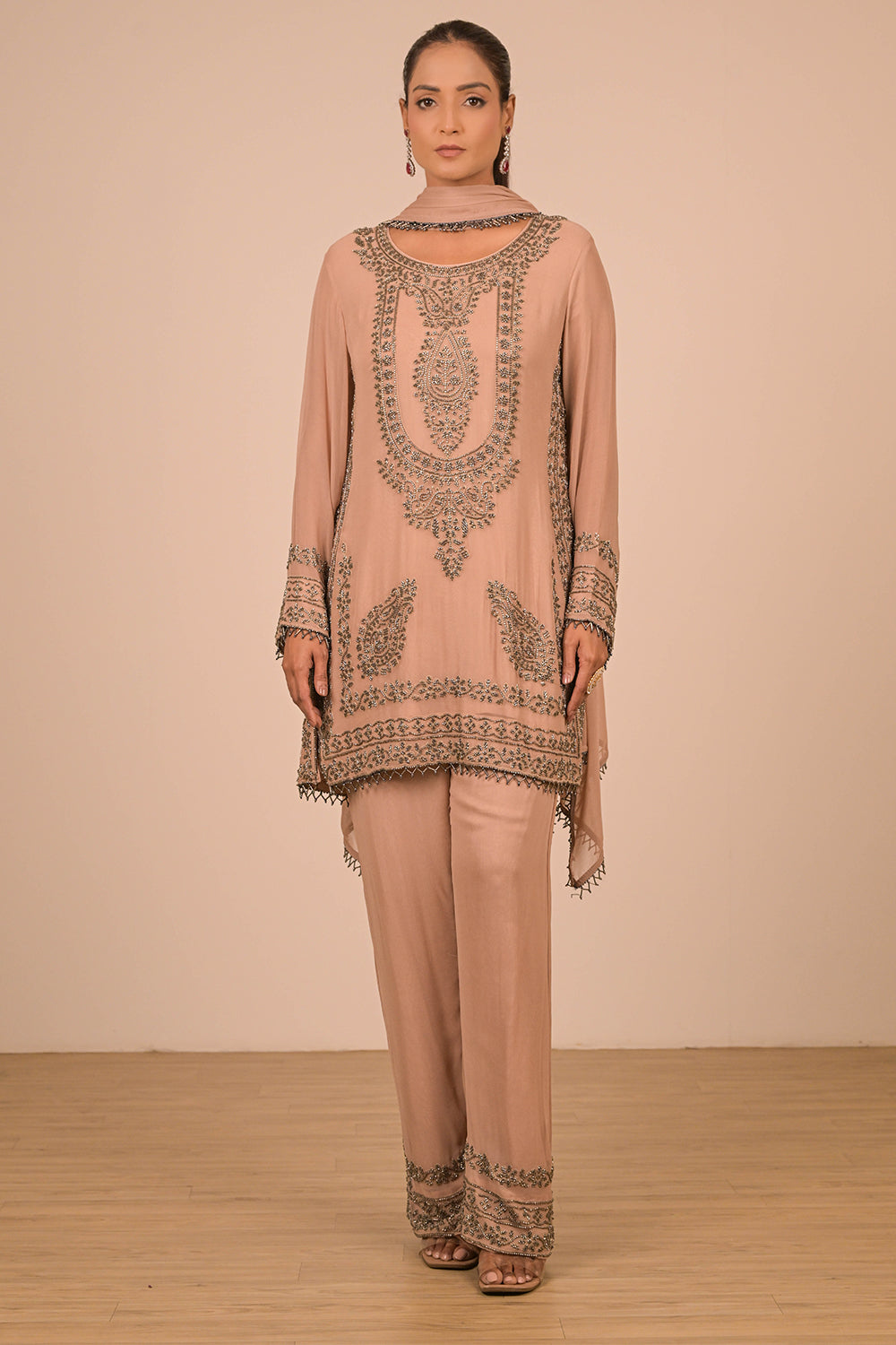 Mouse Pearl Embroidered Georgette Kurta Set