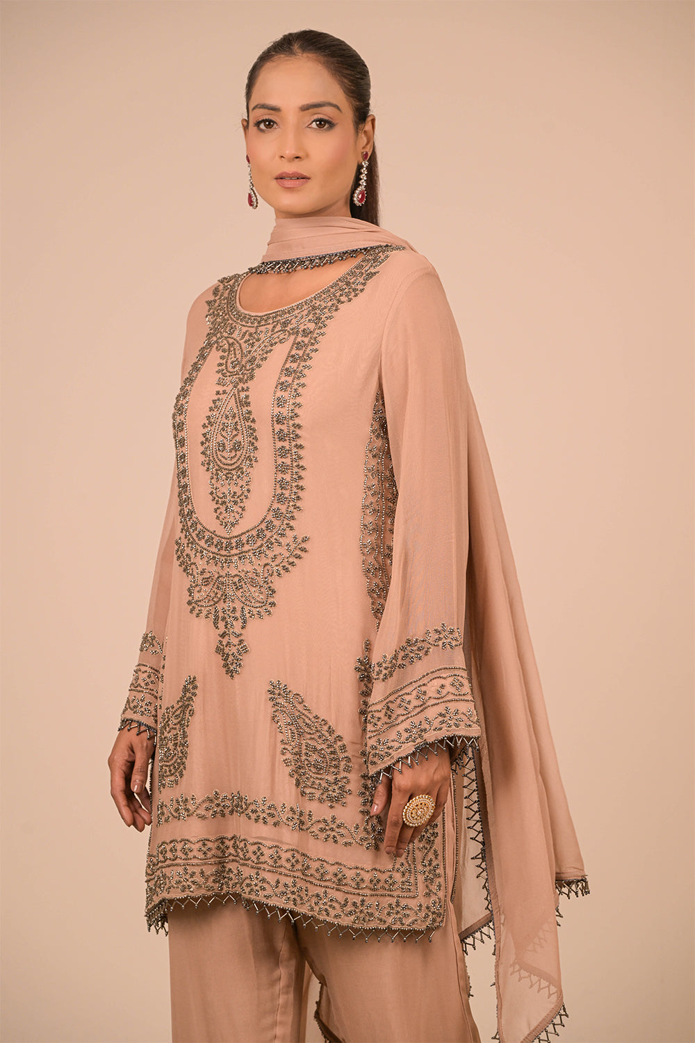 Mouse Pearl Embroidered Georgette Kurta Set