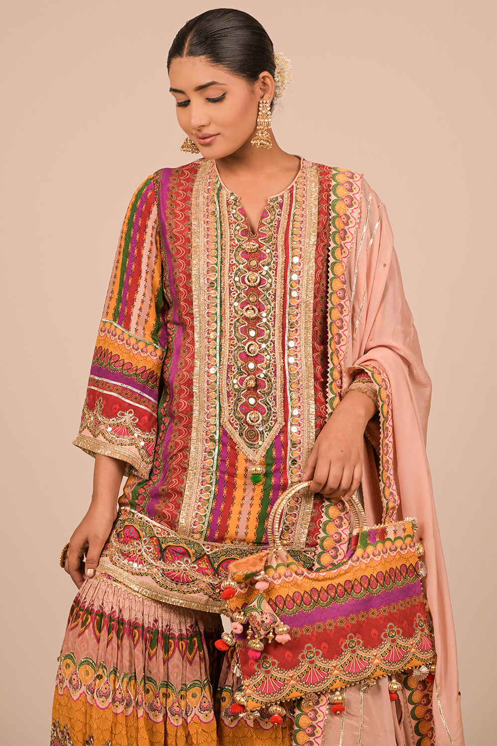 Multicolor Crepe Sharara Set with Canvas Tote Bag with Vibrant Print Motifs