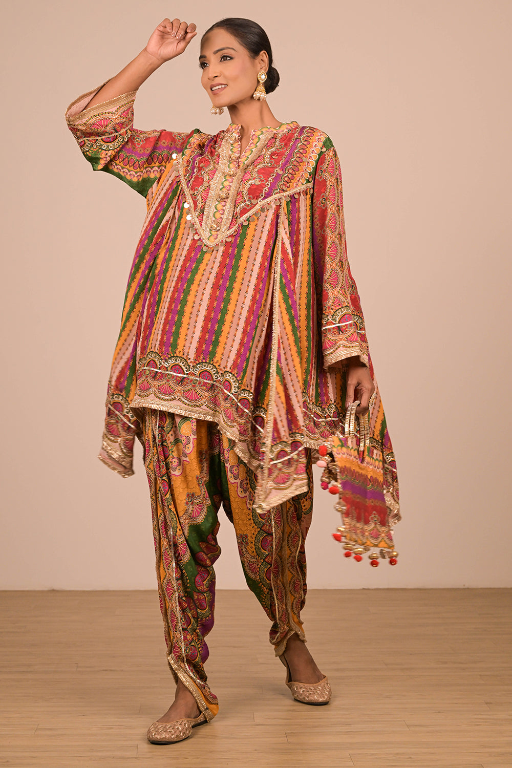 Multicolor Crepe Tulip Pant Suit with Mirror Embroidery and Designer Canvas Tote Bag