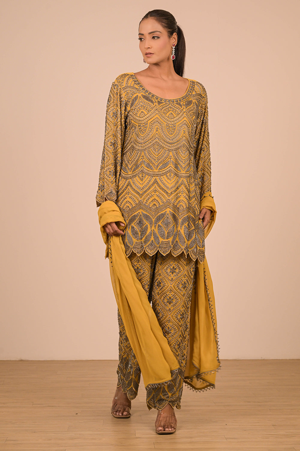 Mustard Georgette Suit Set with Intricate Moti Embroidery