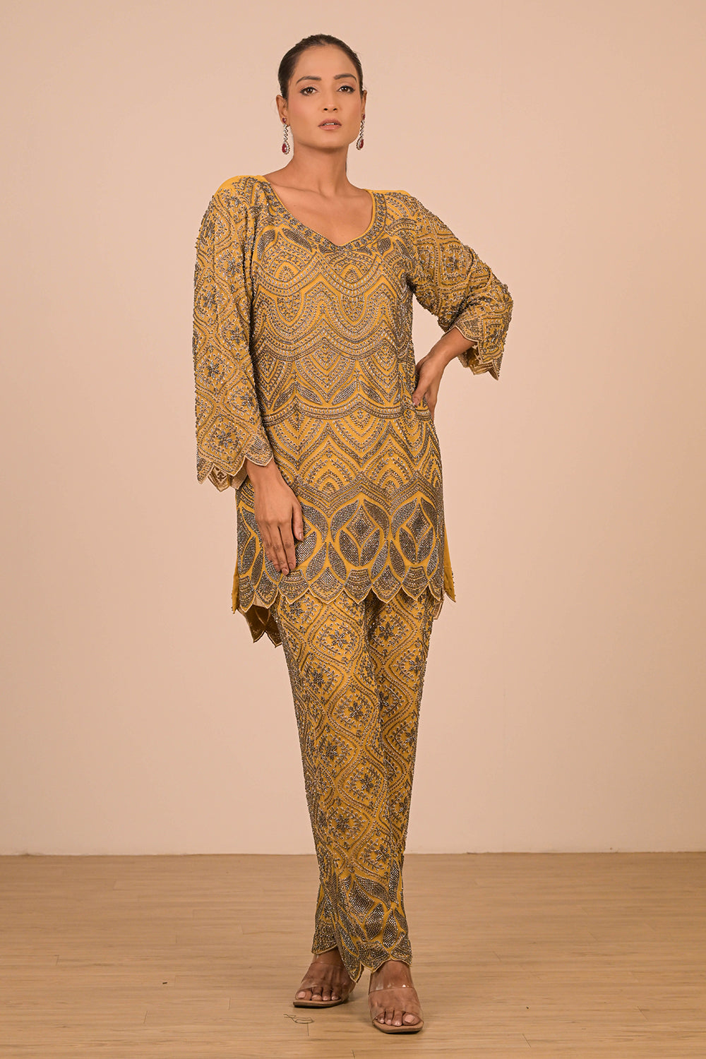 Mustard Georgette Suit Set with Intricate Moti Embroidery