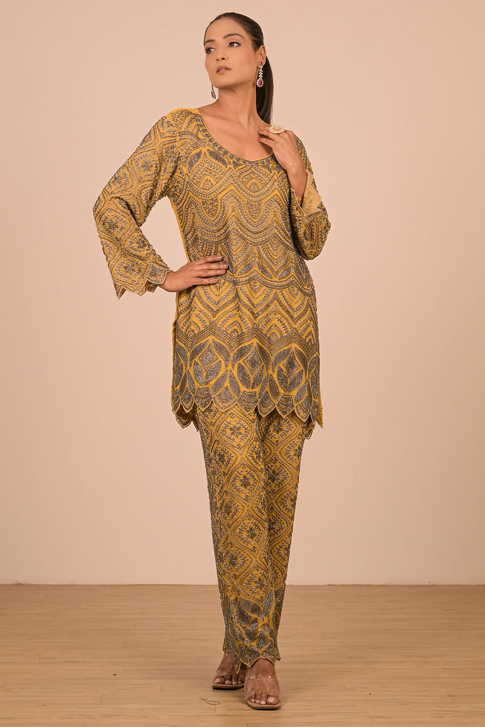 Mustard Georgette Suit Set with Intricate Moti Embroidery