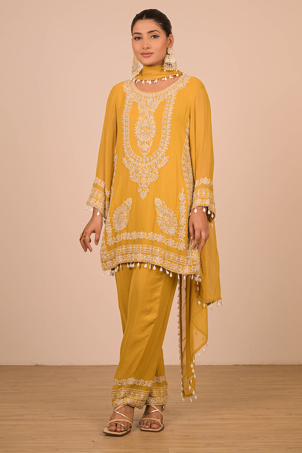 Mustard Yellow Georgette Suit Set with Intricate Moti Embroidery