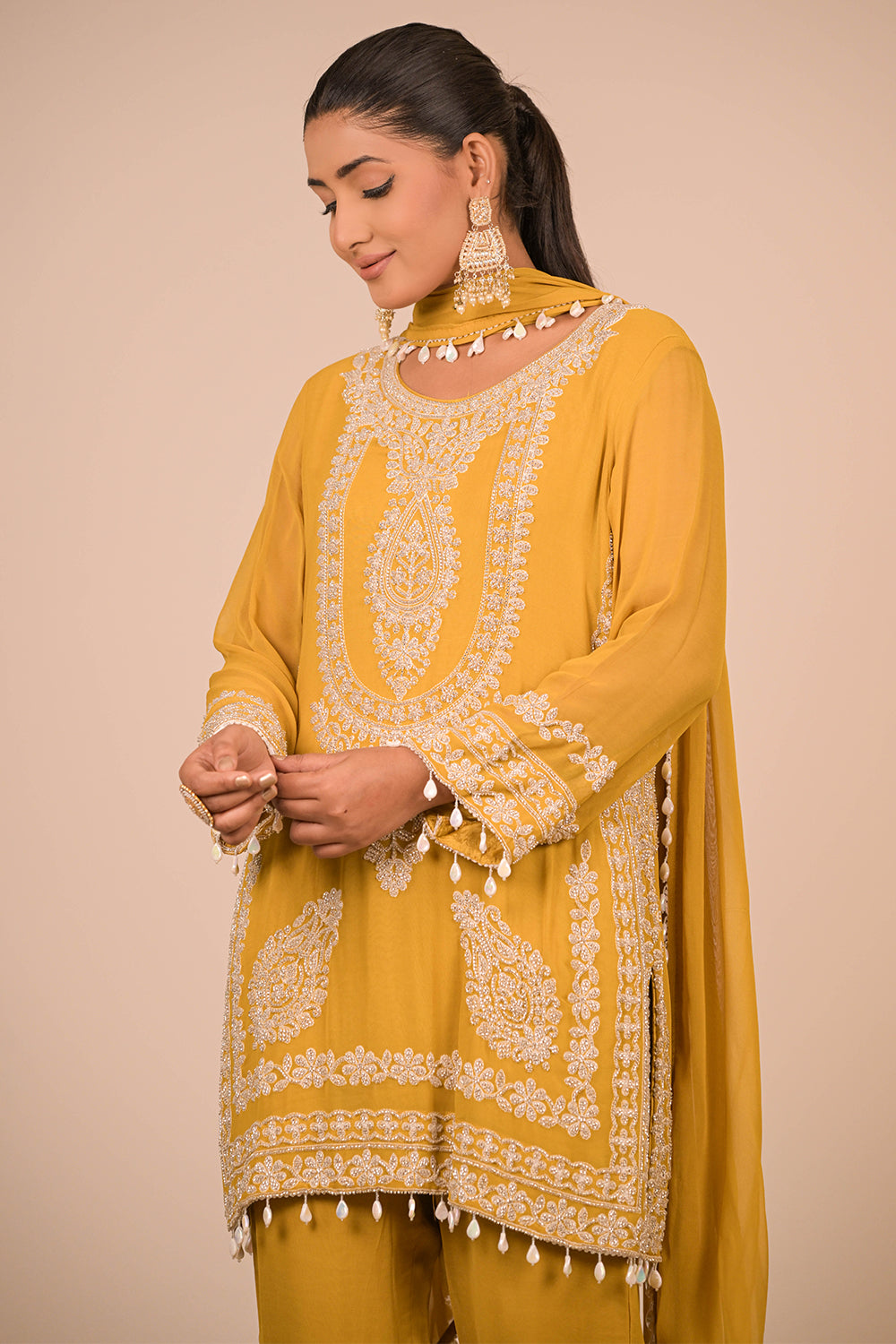 Mustard Yellow Georgette Suit Set with Intricate Moti Embroidery