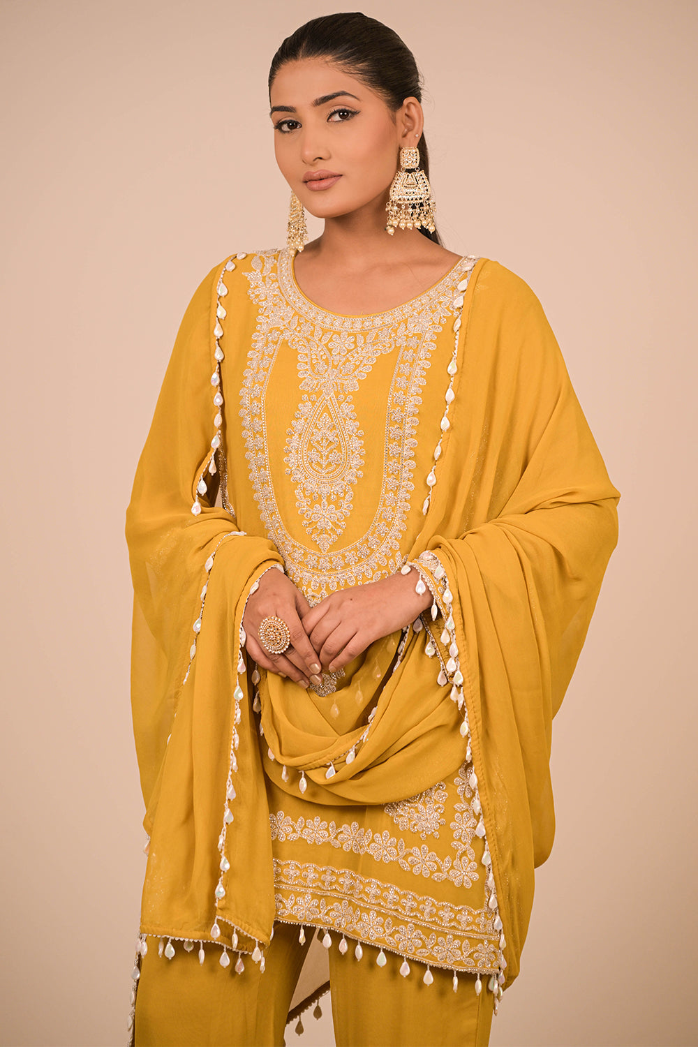 Mustard Yellow Georgette Suit Set with Intricate Moti Embroidery