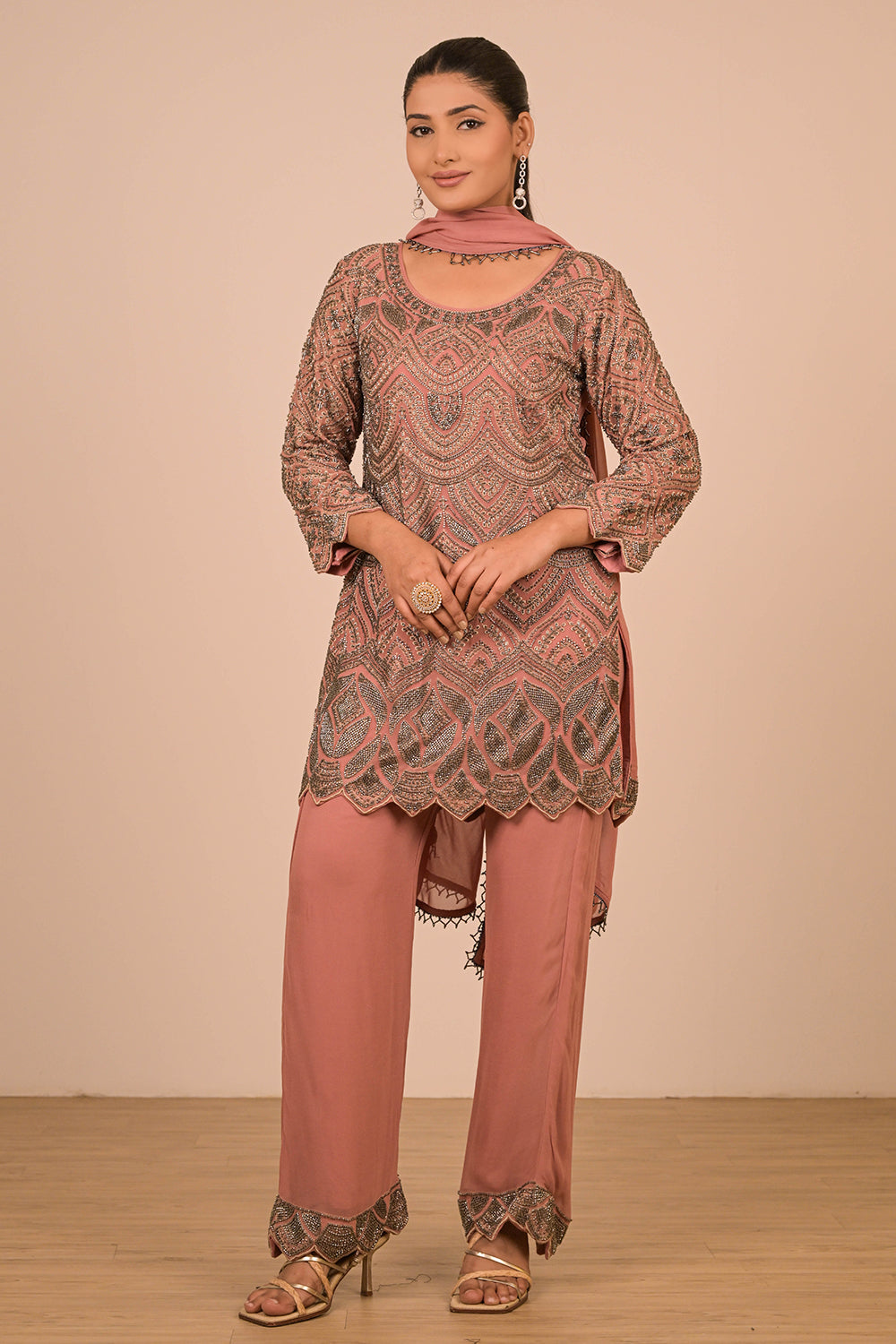 Onion Pink Georgette Short Suit with Intricate Moti Embroidery