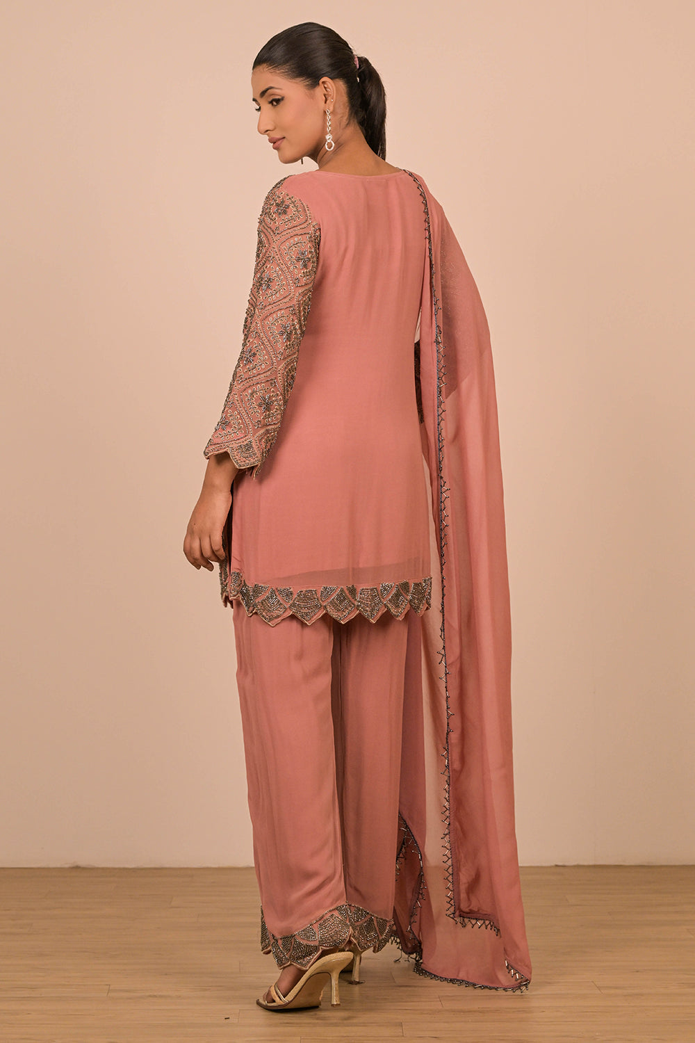 Onion Pink Georgette Short Suit with Intricate Moti Embroidery