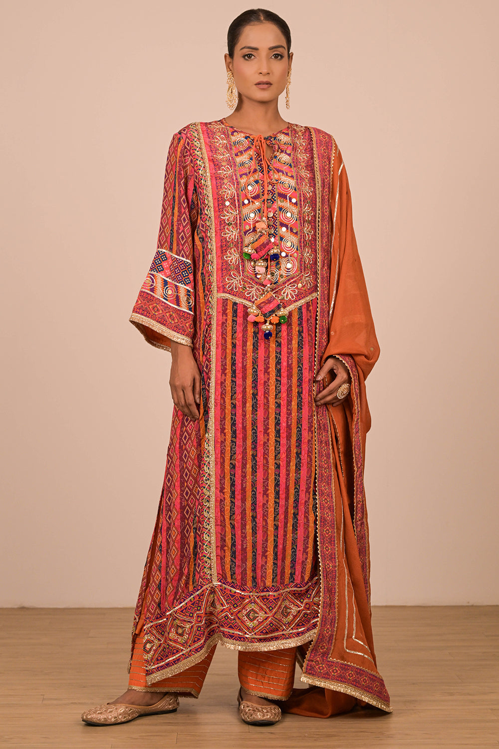 Orange Embroidered Crepe A-Line Suit with Dupatta & Canvas Tote Bag
