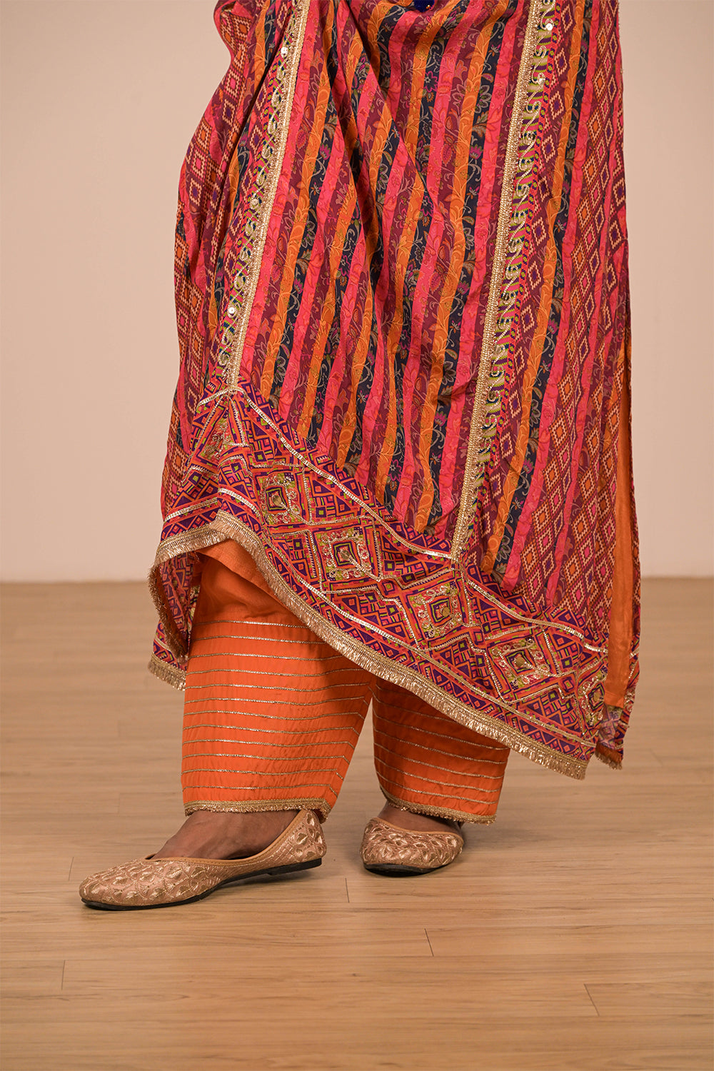 Orange Embroidered Crepe A-Line Suit with Dupatta & Canvas Tote Bag