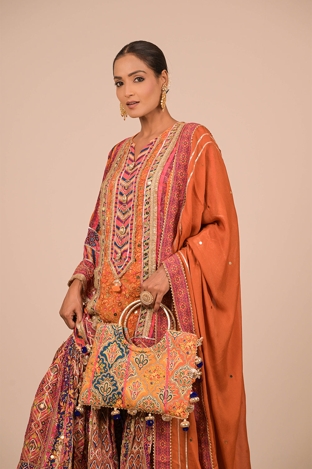 Orange Sharara Suit In Crepe Fabric with Canvas Tote Bag