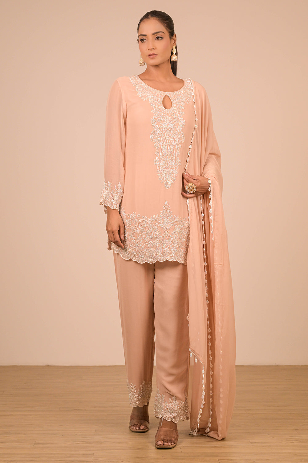 Peach Crepe Short Suit Set with Pearl Moti Embroidery