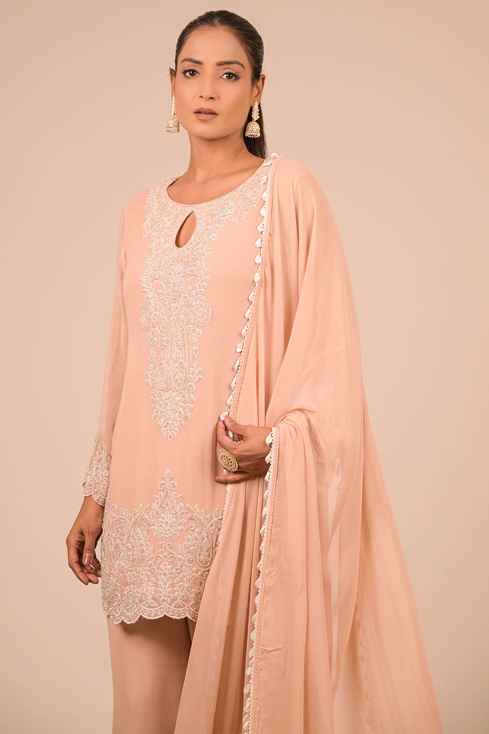 Peach Crepe Short Suit Set with Pearl Moti Embroidery