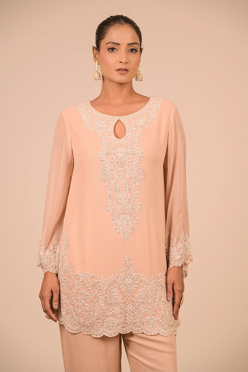 Peach Crepe Short Suit Set with Pearl Moti Embroidery