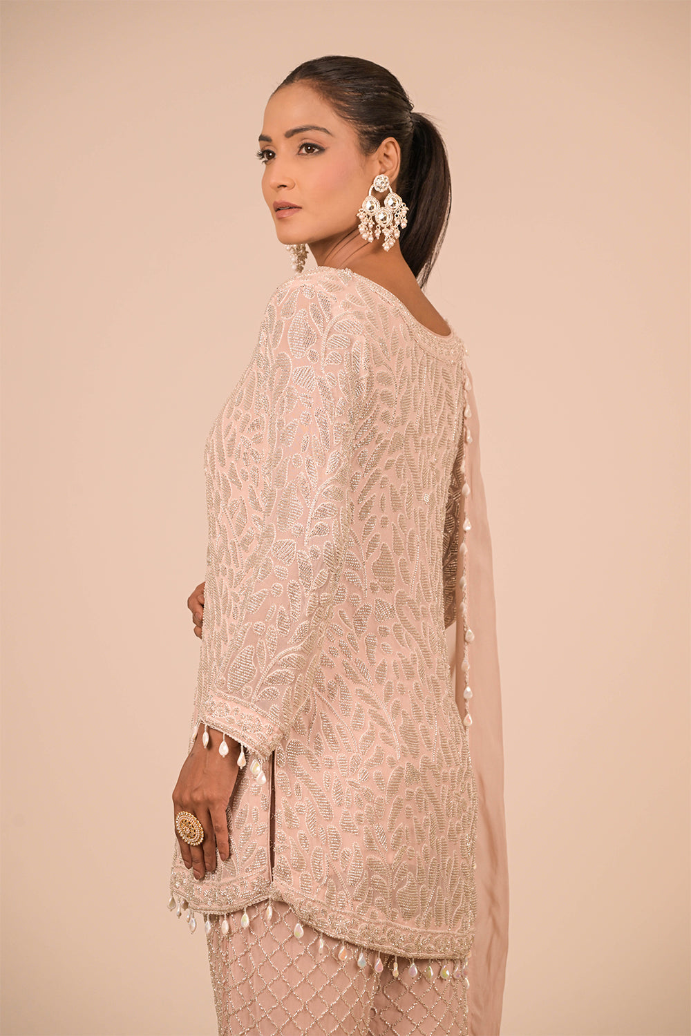 Peach Crepe Short Suit Set with Pearl Moti Embroidery