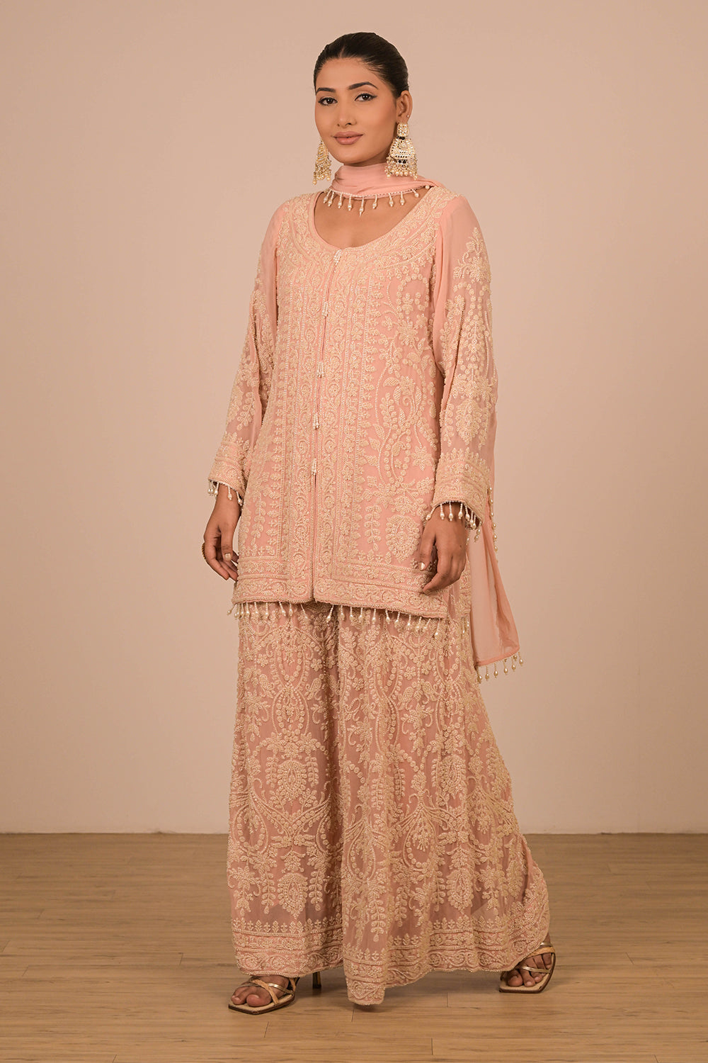 Peach Georgette Sharara Set with Intricate Moti Embroidery