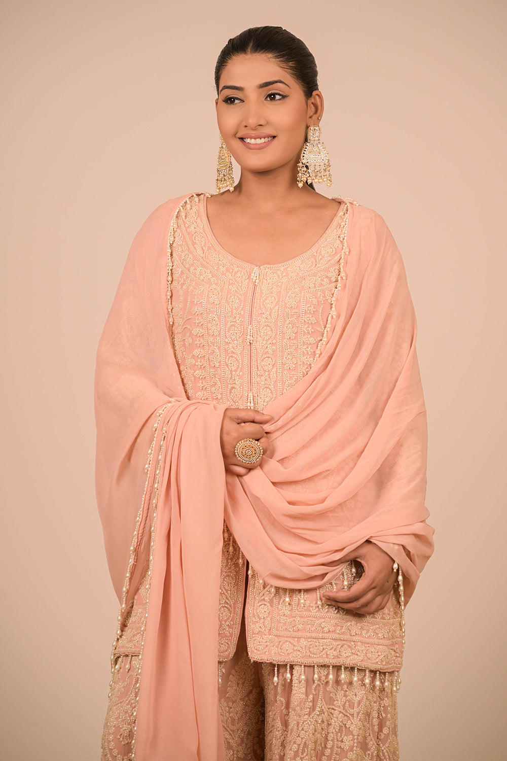 Peach Georgette Sharara Set with Intricate Moti Embroidery