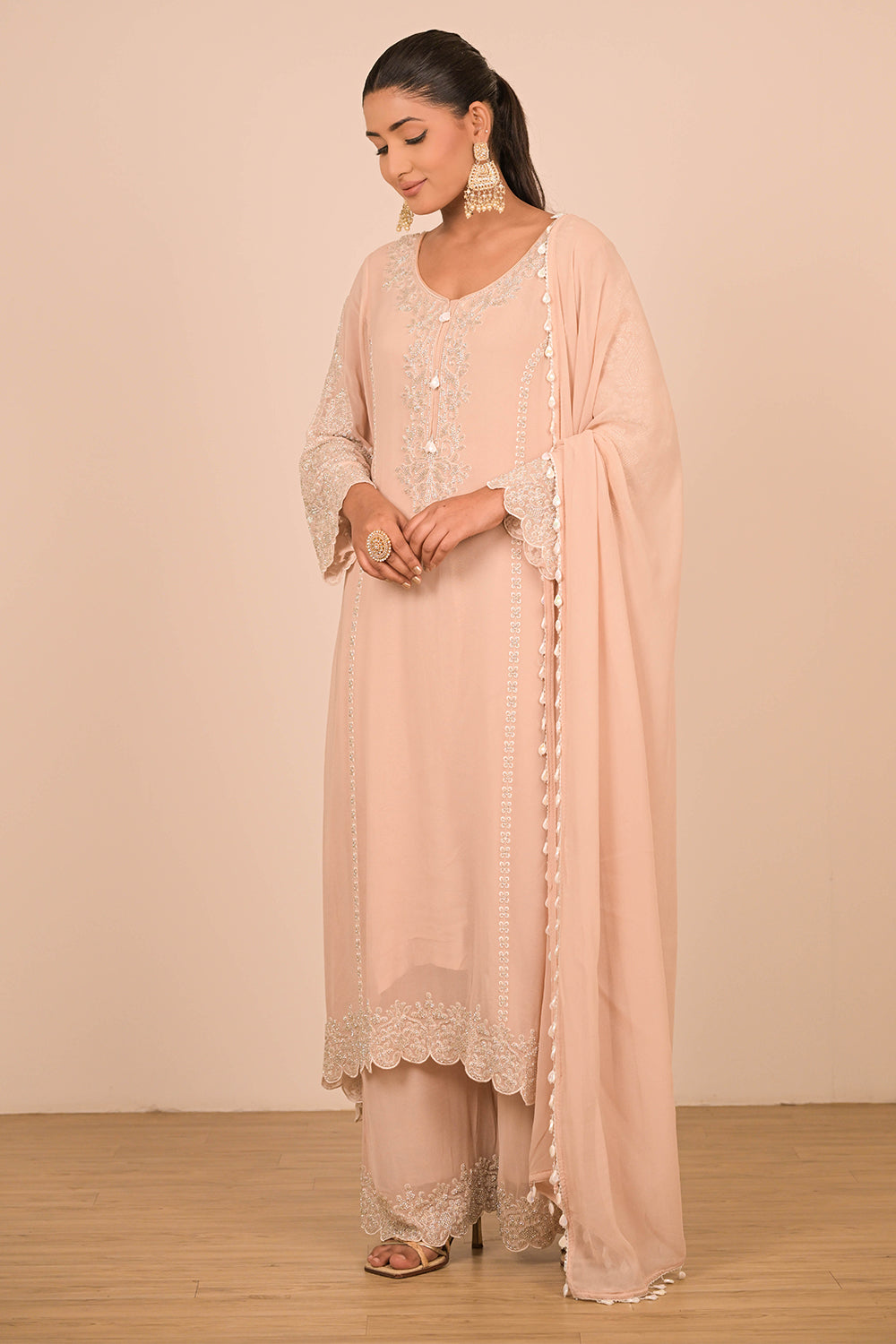 Peach Pearl Embroidered Georgette Suit Set with Scalloped Detailing & Tassel Dupatta