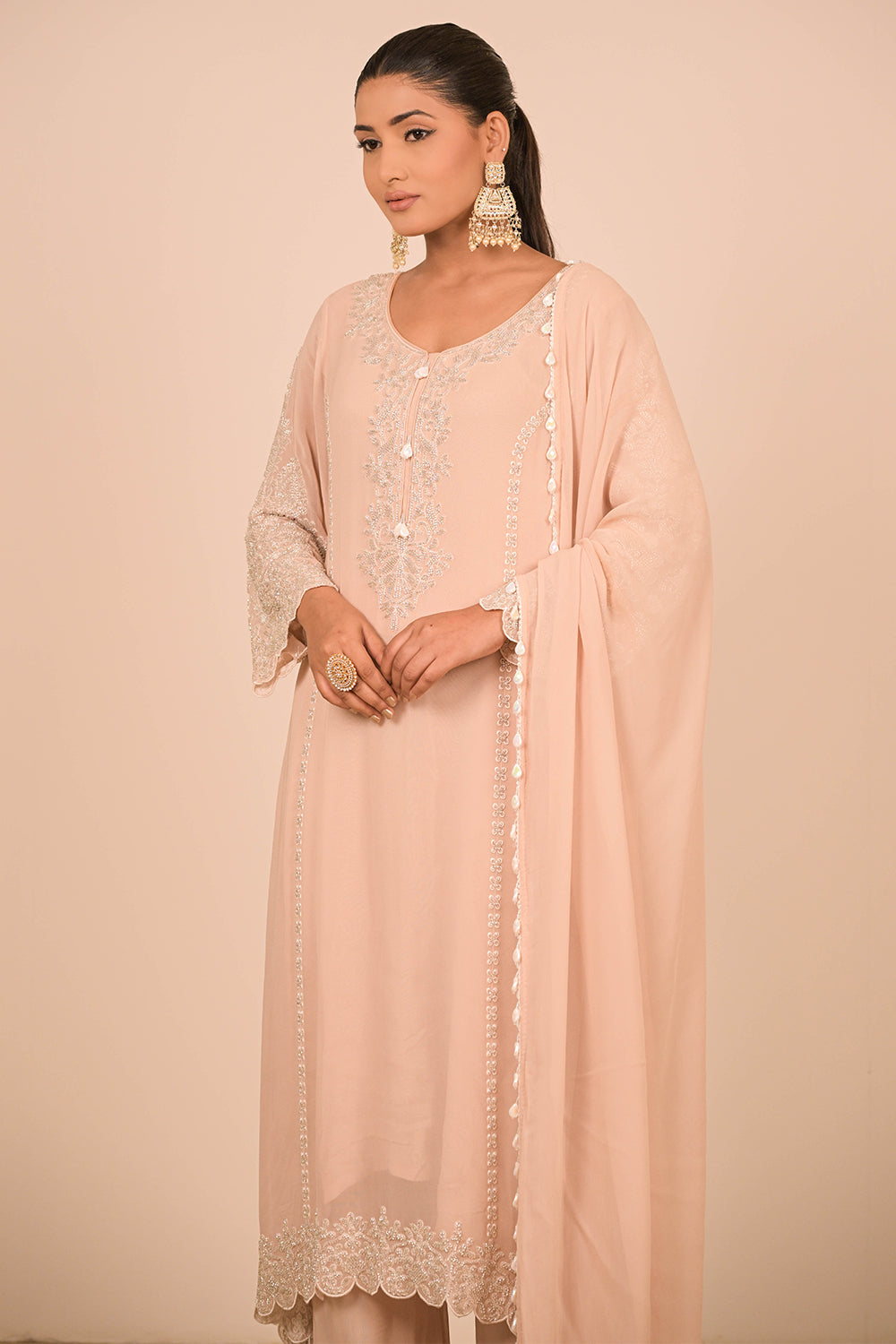 Peach Pearl Embroidered Georgette Suit Set with Scalloped Detailing & Tassel Dupatta