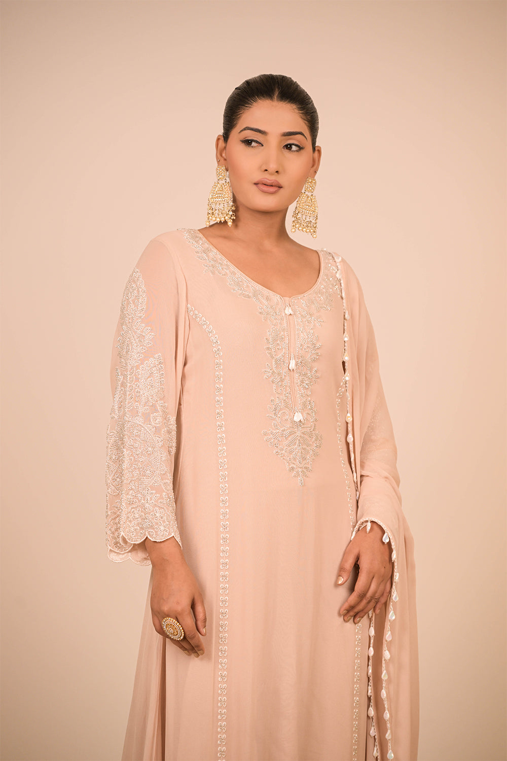 Peach Pearl Embroidered Georgette Suit Set with Scalloped Detailing & Tassel Dupatta