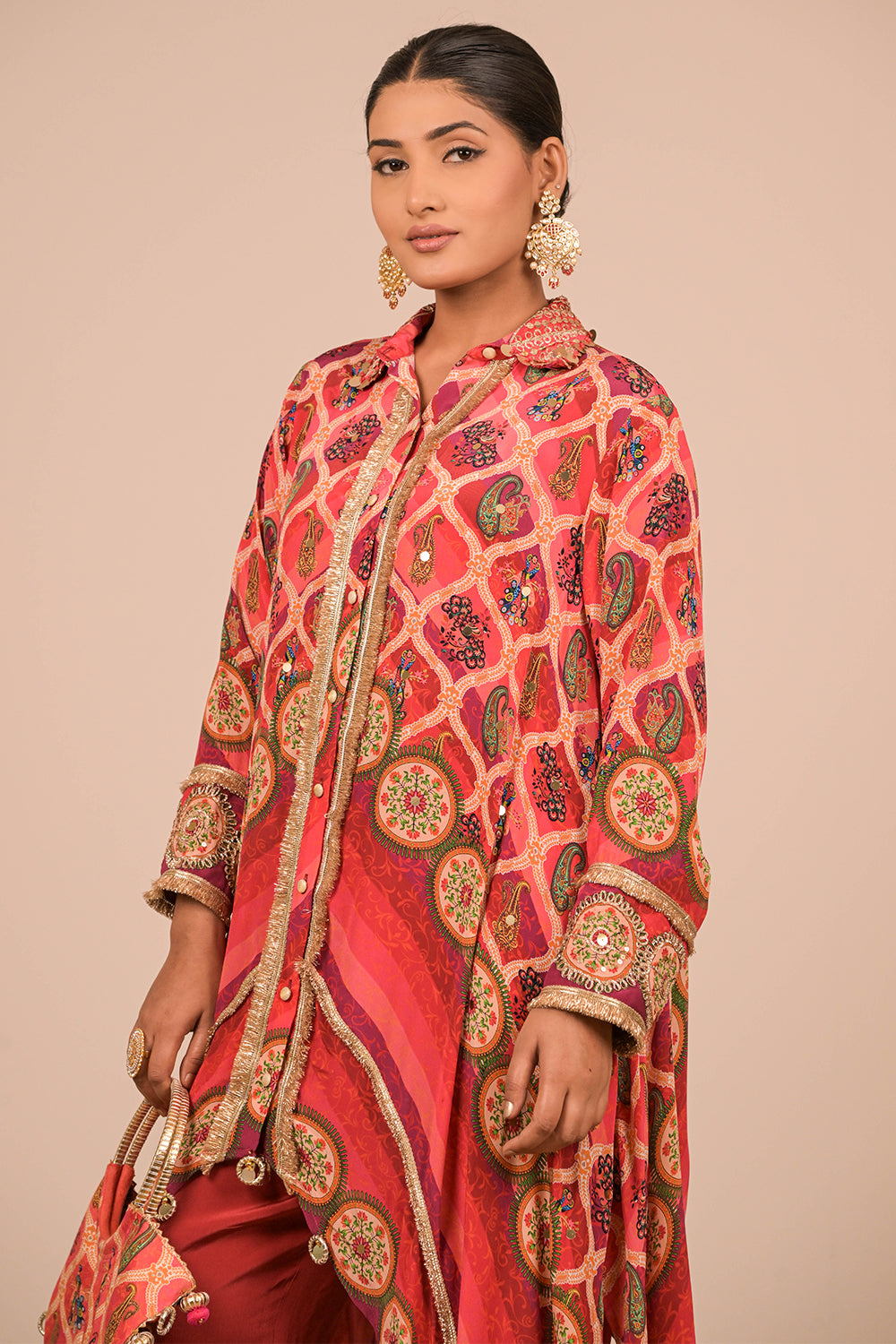 Persian Red Asymmetric Hem Kurta Set In Crepe Fabric with Canvas Tote Bag