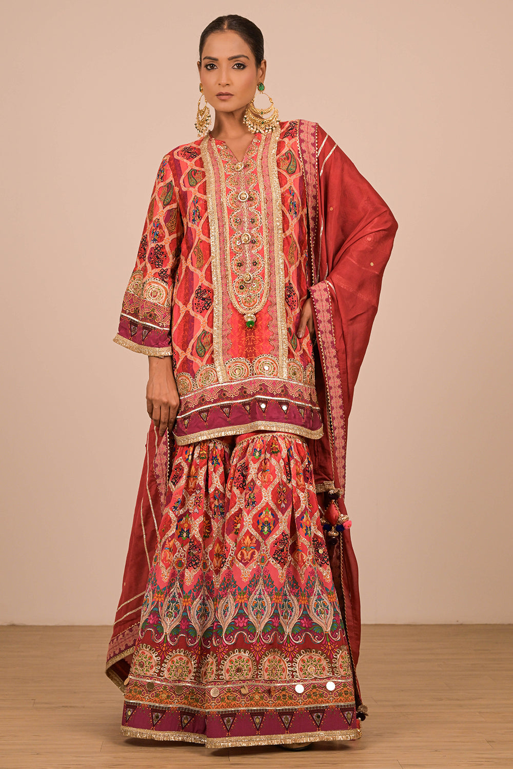 Persian Red Crepe Sharara Set with Canvas Tote Bag with Vibrant Print Motifs