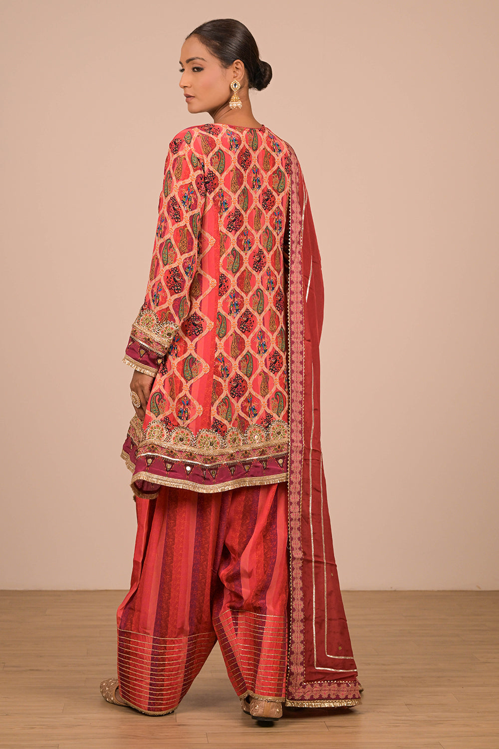 Persian Red Crepe Suit Set with Farsi Salwar with Canvas Tote Bag