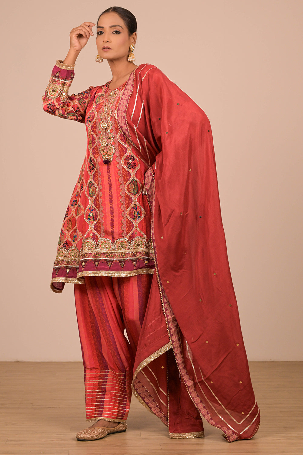 Persian Red Crepe Suit Set with Farsi Salwar with Canvas Tote Bag