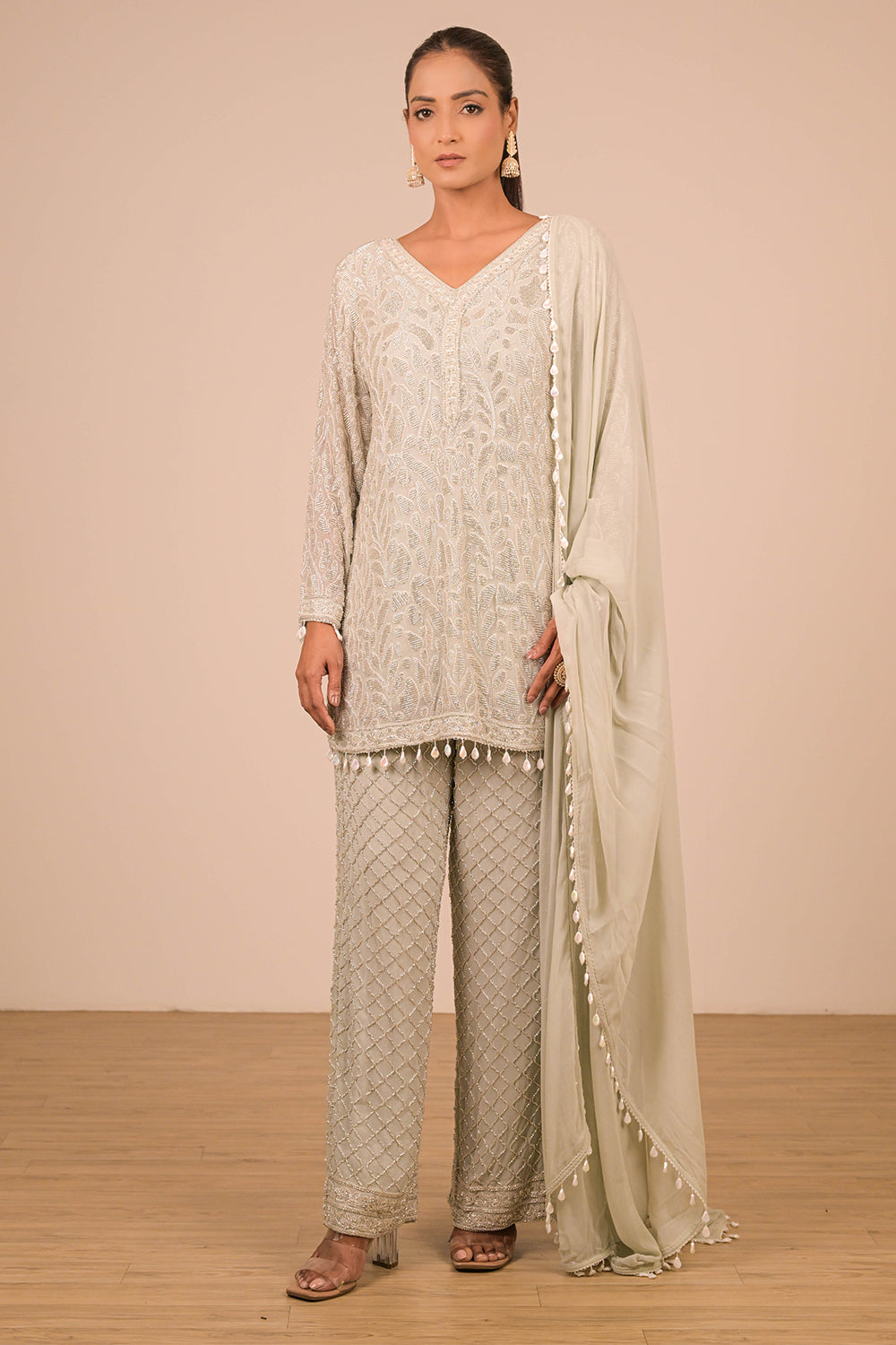 Pista Crepe Short Suit Set with Pearl Moti Embroidery