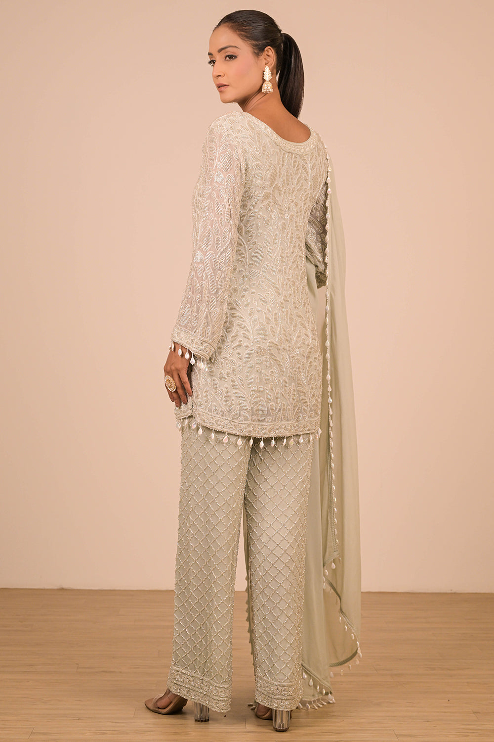 Pista Crepe Short Suit Set with Pearl Moti Embroidery
