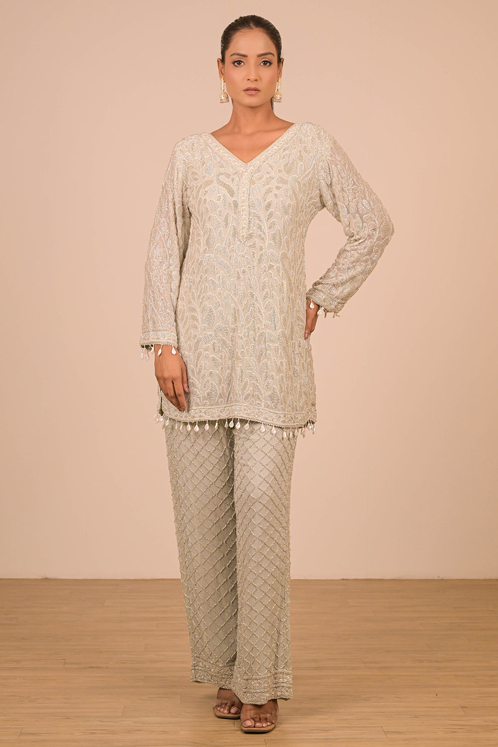 Pista Crepe Short Suit Set with Pearl Moti Embroidery