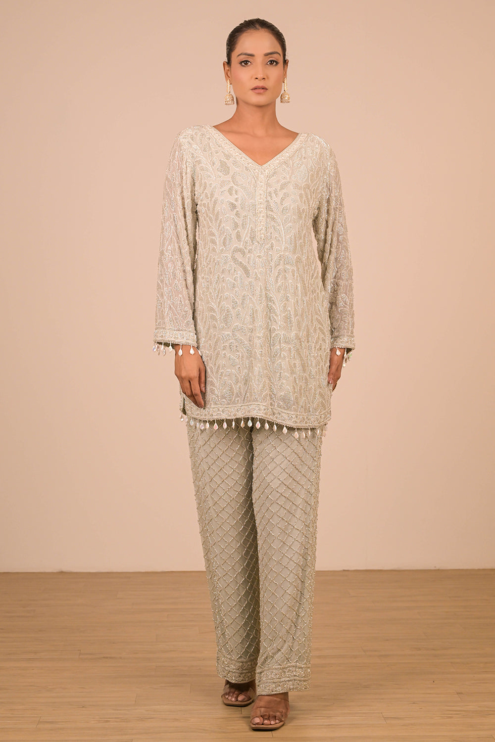 Pista Crepe Short Suit Set with Pearl Moti Embroidery