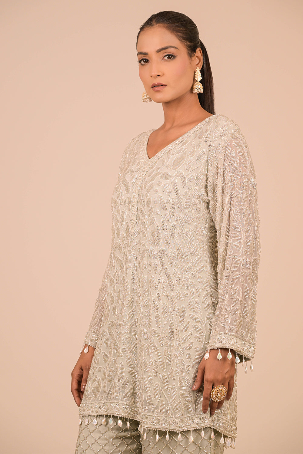 Pista Crepe Short Suit Set with Pearl Moti Embroidery