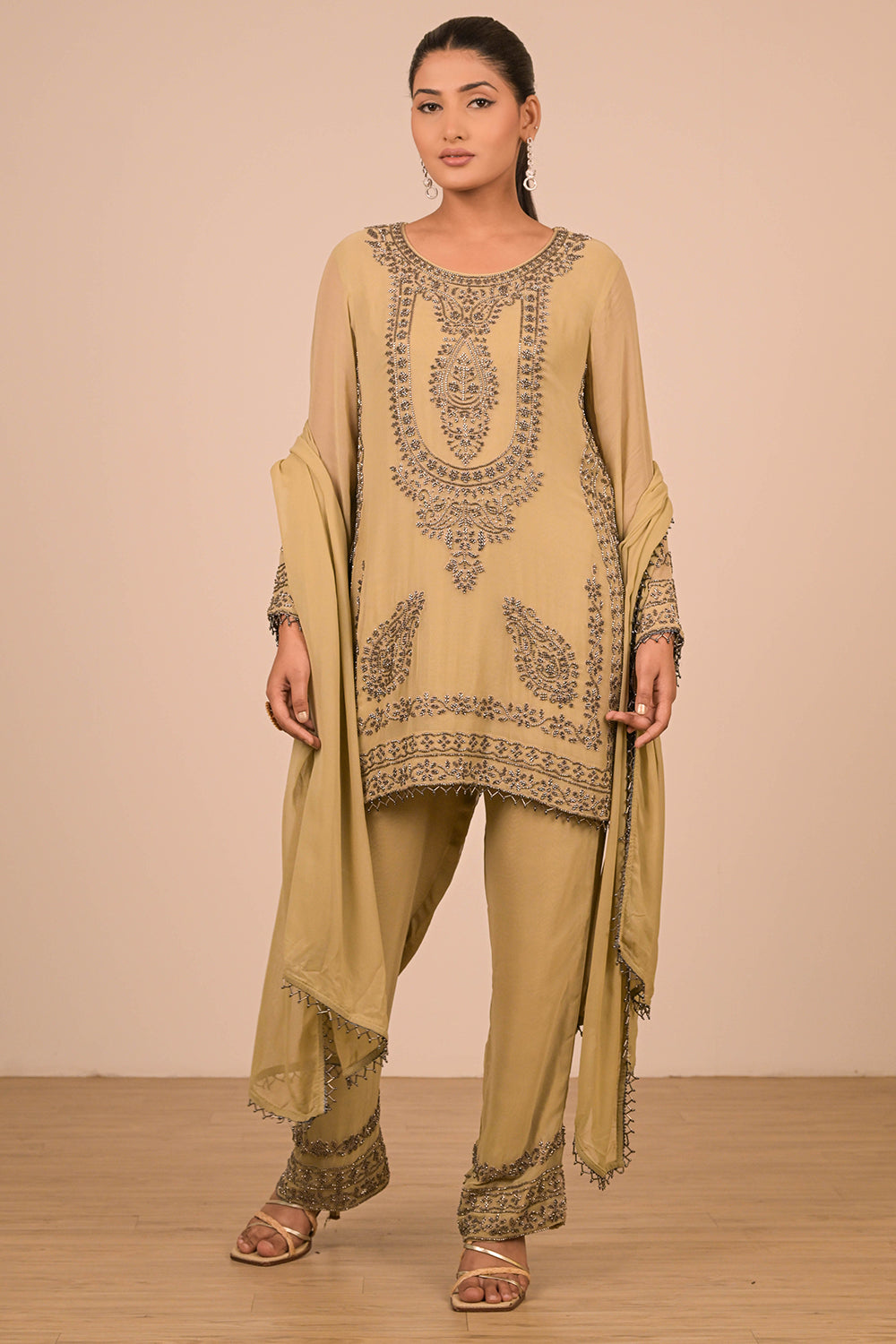 Pista Pearl Embroidered Georgette Kurta Set