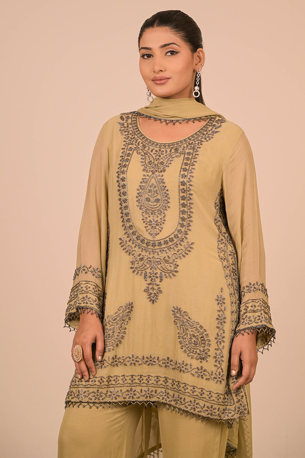Pista Pearl Embroidered Georgette Kurta Set
